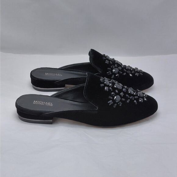 MICHAEL Michael Kors Womens Velvet Mules Size 6.5 Black Crystal Slide Glam - Picture 1 of 10